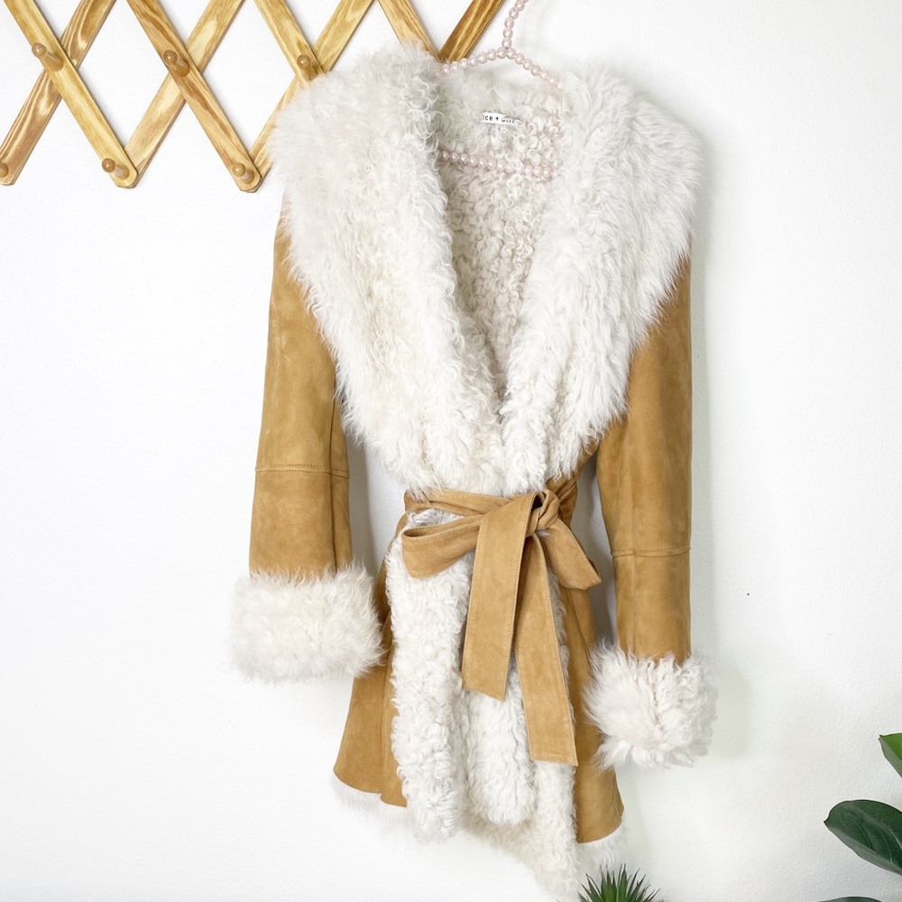 Alice + Olivia Tan Suede Coat with Cream Shearling Trim